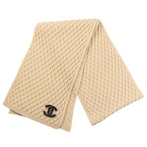 CHANEL Coco Mark Cashmere Cable Knit Scarf, Beige, Women's